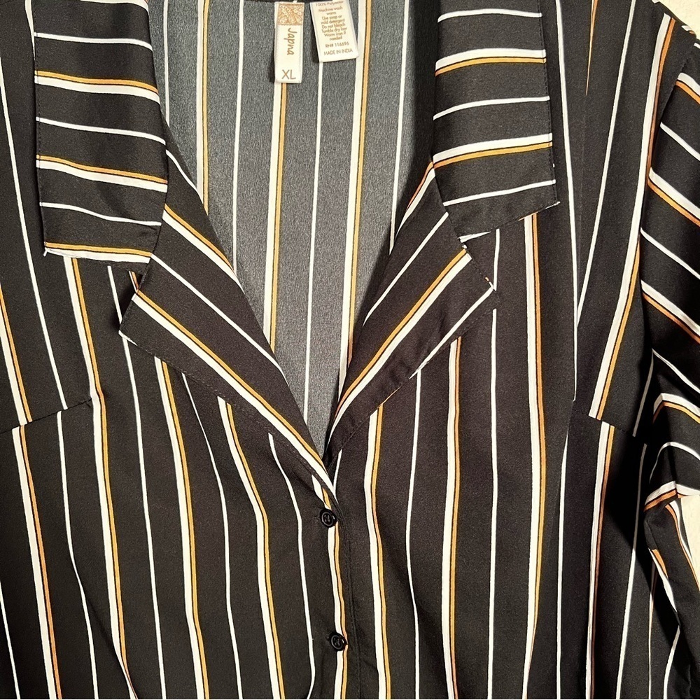 Japna Black White Tan Stripe Button Down Short Sleeve Blouse - Picture 5 of 9